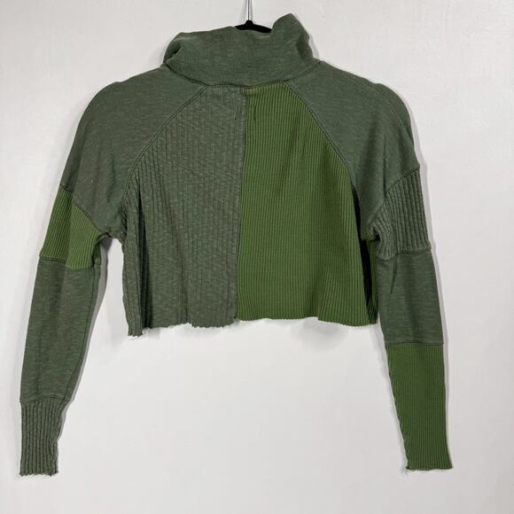 Urban Outfitters Crop Long Sleeve Henley Waffle Knit Top XS Green Patchwork Snap - Picture 3 of 7